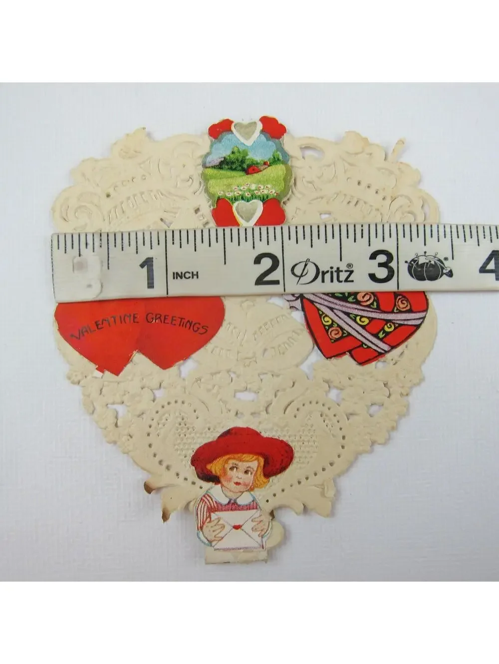 3 Vintage Valentine Ephemera Boy Swing Fence Doves Blue Flowers Paper Lace Heart